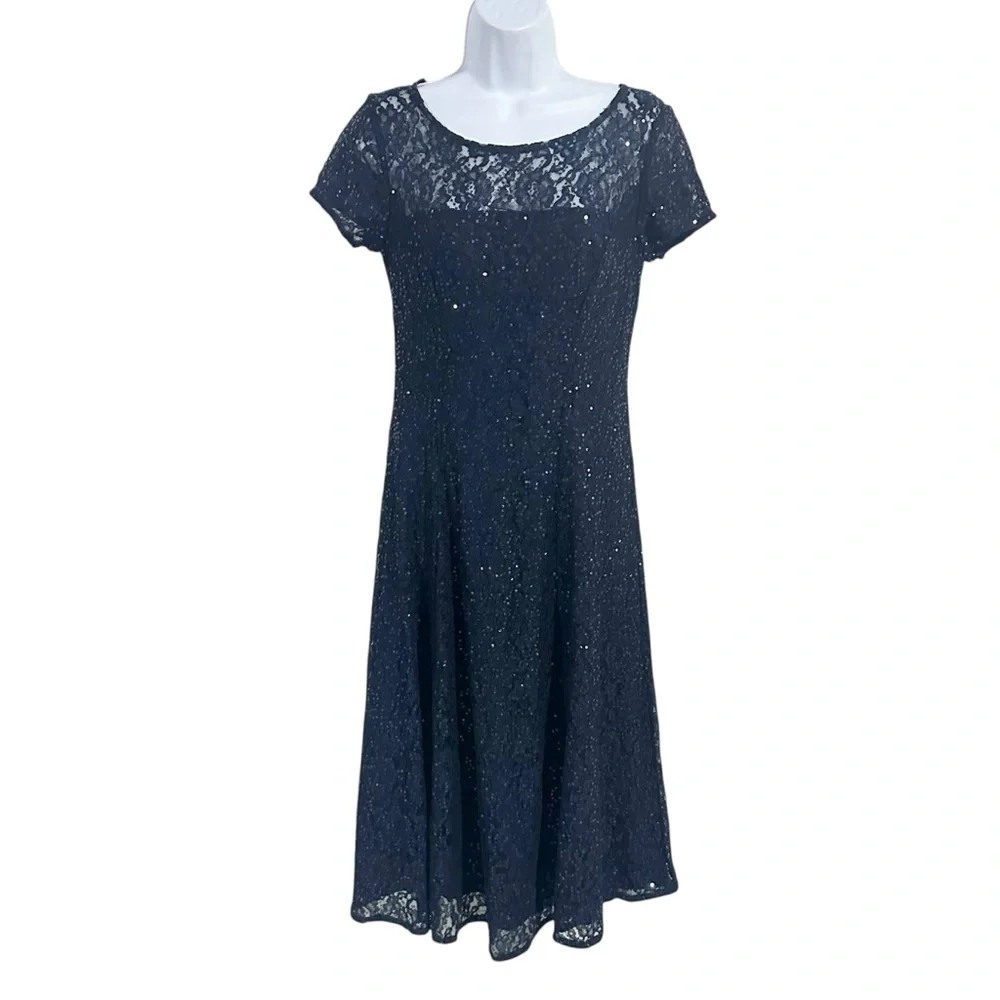 SLNY Navy Blue Sequin Lace Short Sleeve Midi Cocktail Evening Dress Size 2 NWOT - Picture 2 of 7